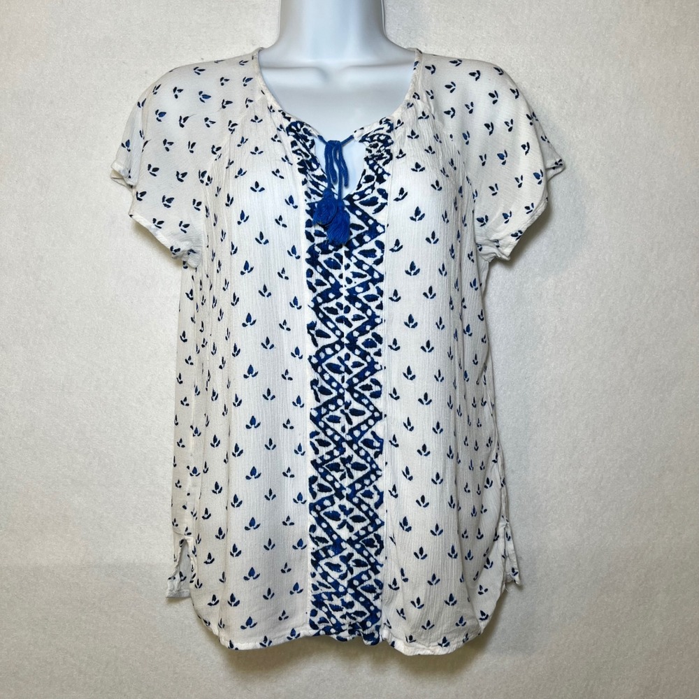 Liz Claiborne Blue White Tassel Folkloric Cottage Bohemian Peasant Top Women S